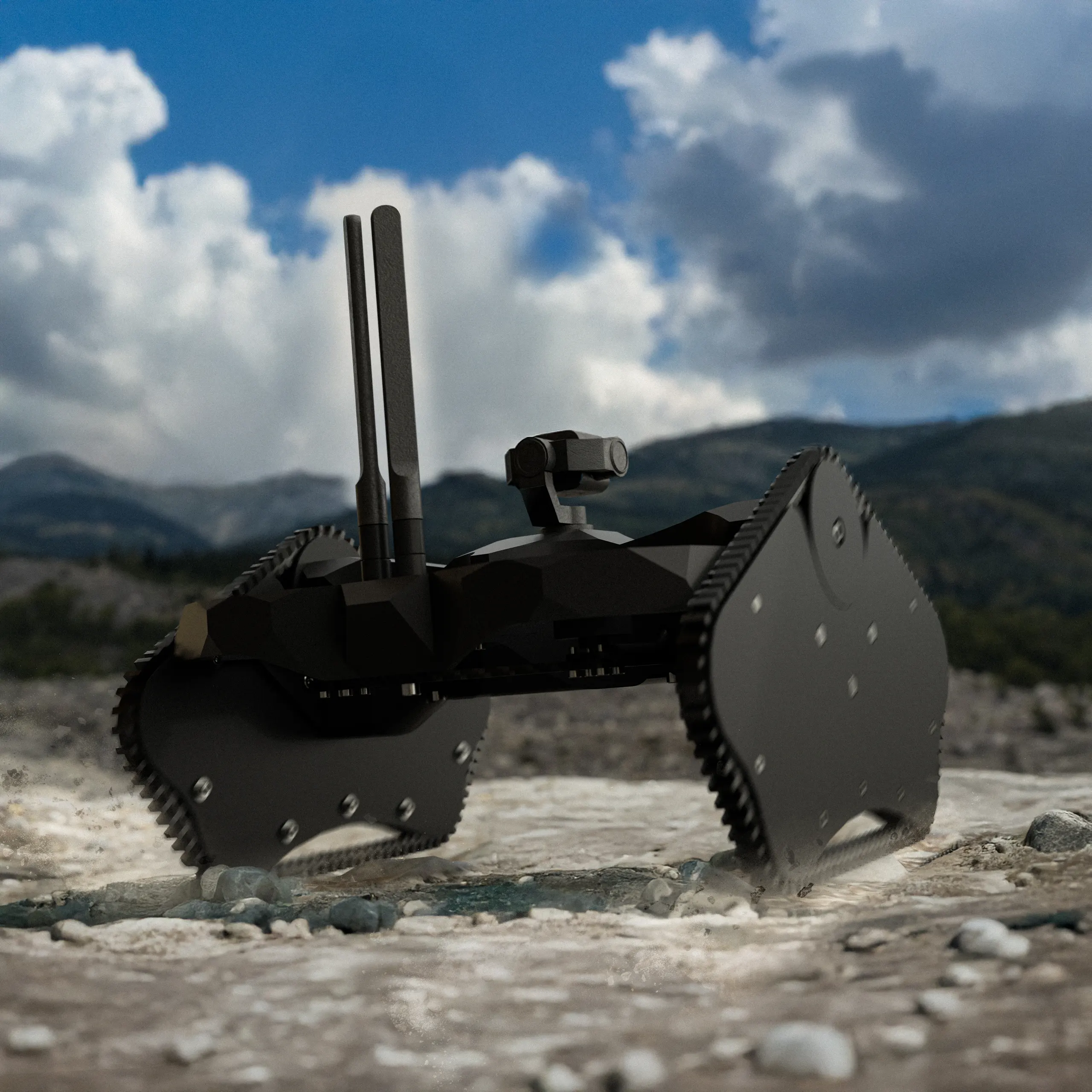 Crossing a streambed, the tracks wrap the same pods that carry the lift rotors