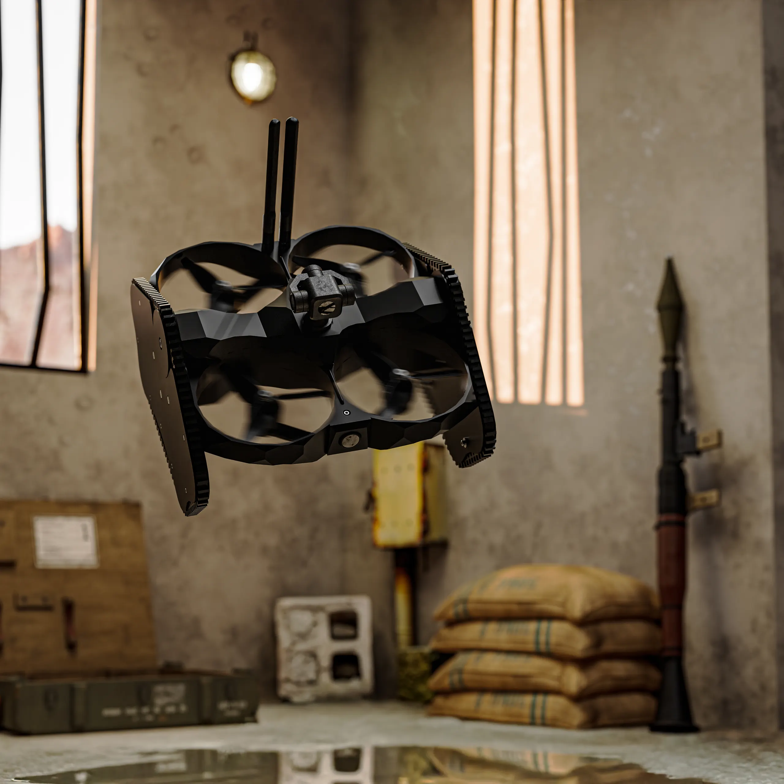 Airborne indoors, four ducted rotors spinning between the tracks