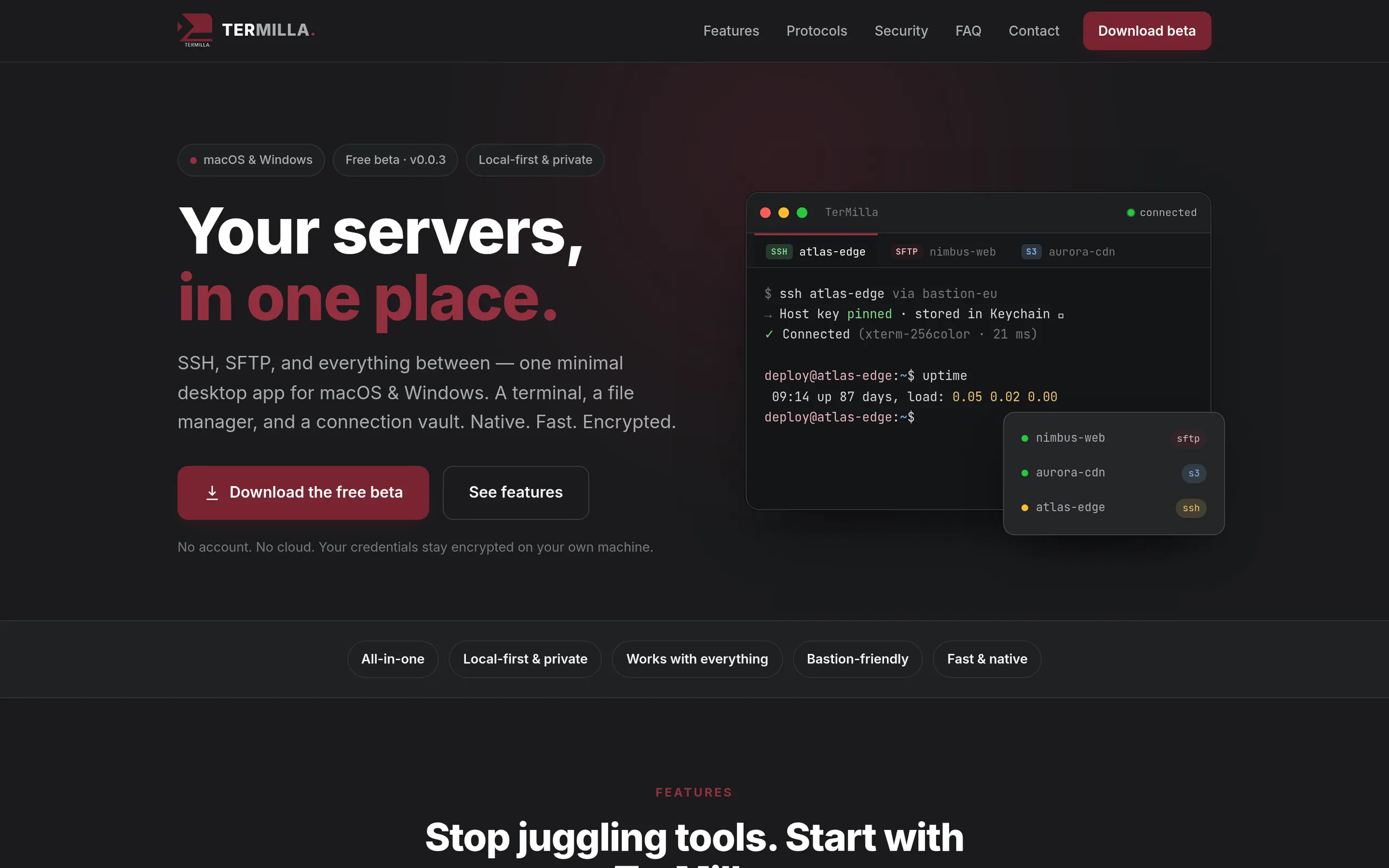 Termilla: terminal, file manager and connection vault in one window